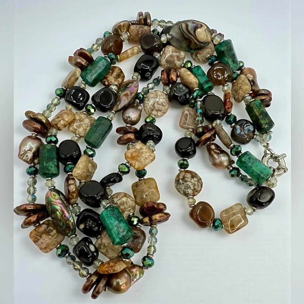 Three-Strand Multi-Gemstone Flameball Pearl Shell & Crystal Necklace 18” 20” 22” - Picture 9 of 17